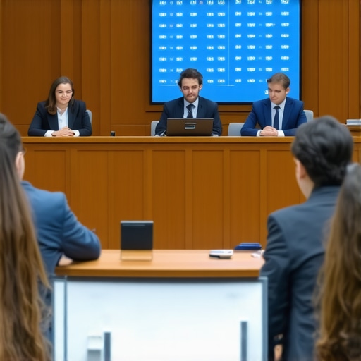 AI-Enhanced Litigation Strategy Legal professionals using AI tools in a courtroom setting