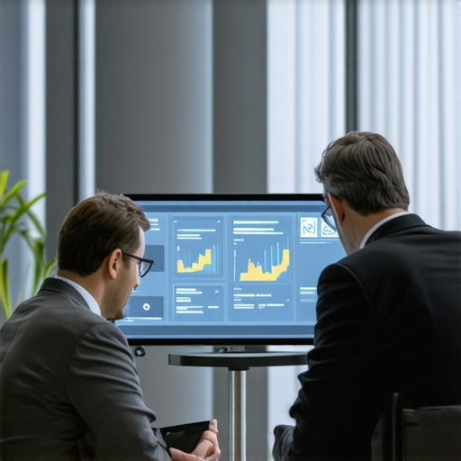 Lawyer using AI technology for case strategy in courtroom