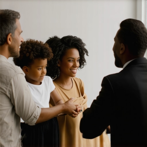 Lawyer engaging empathetically with diverse family members in a legal consultation.