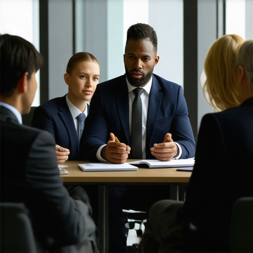 Lawyer advising a diverse family on legal matters in an office