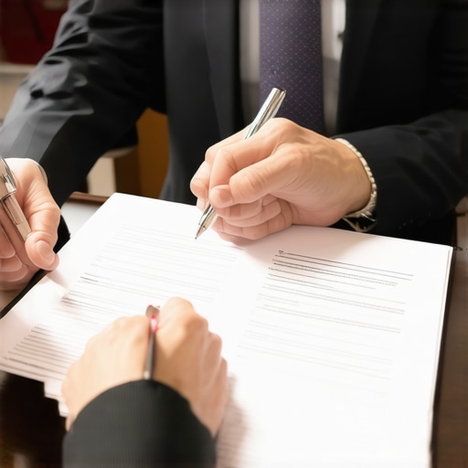 Attorney and client analyzing legal documents in a law office setting.