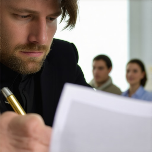 Lawyer carefully examining immigration documents with family in a professional office setting.