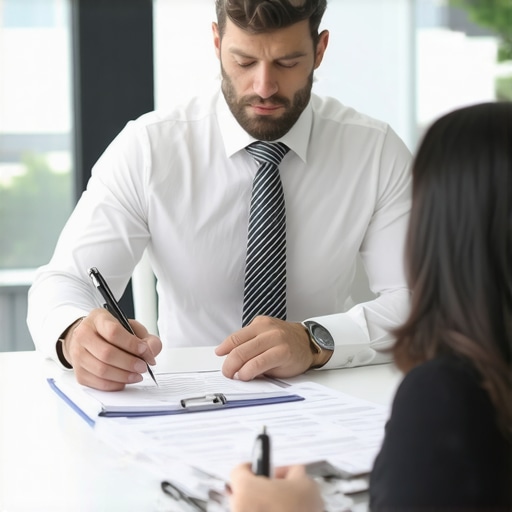Lawyer consulting with client in office with legal documents