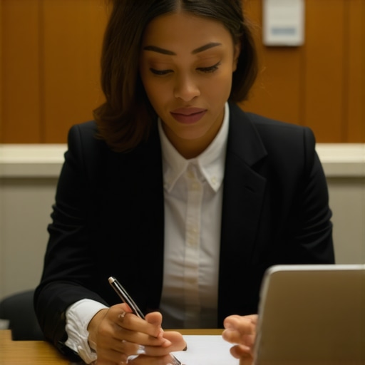 Lawyer utilizing digital technology during court proceedings, representing innovative legal strategies.