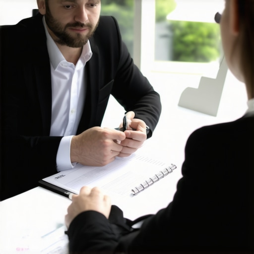 Lawyer explaining legal strategies to a client in an office setting.