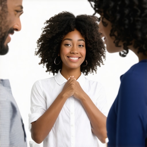 A lawyer speaking with a family from diverse backgrounds, illustrating cultural competence and empathy.