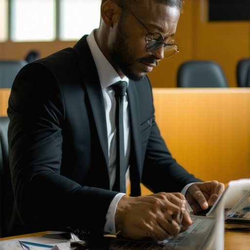 Advanced Litigation Technology in Practice Lawyer working with digital evidence and AI tools in a courtroom.