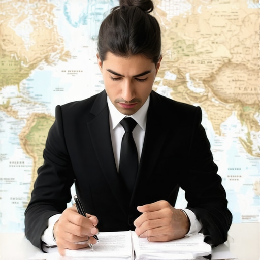 Lawyer analyzing international legal documents with global map