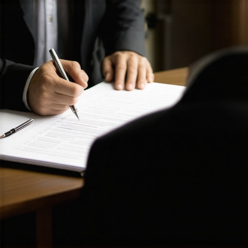 Lawyer advising client with legal documents in office
