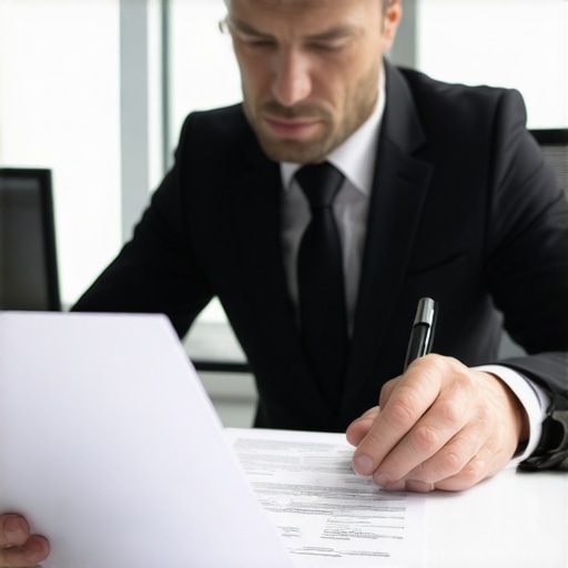 Lawyer analyzing digital case files with AI tools in office