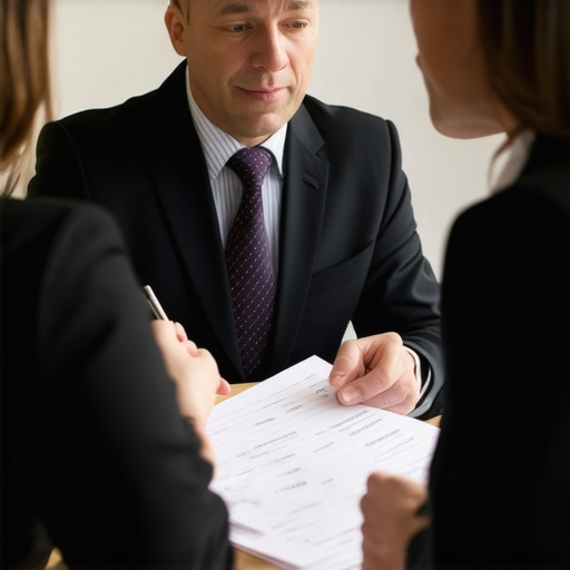 Legal Strategy Session Lawyer and client discussing legal case strategies in office.