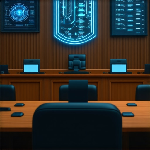 Next-Gen Litigation Tech and Cybersecurity Futuristic courtroom with AI interfaces and cybersecurity elements