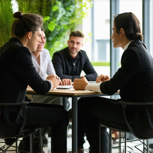 Legal professionals collaborating with AI tools in a modern office