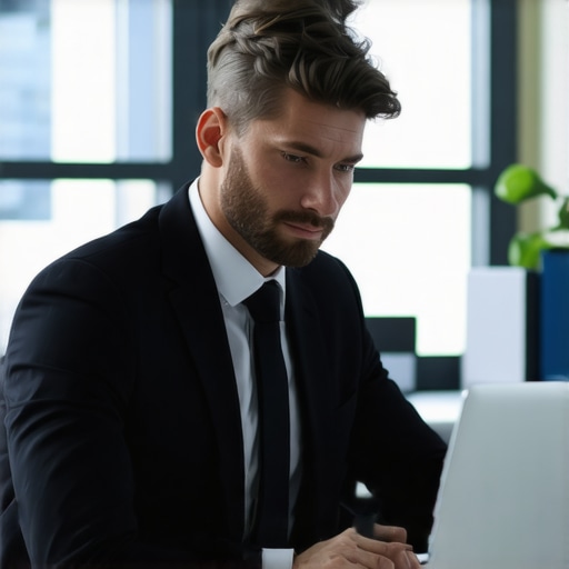 Lawyer with Digital Legal Tools A lawyer working on a laptop with legal management software open in a sleek office.