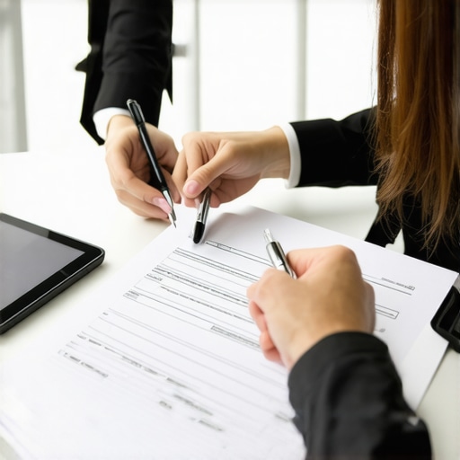 Person organizing legal documents with lawyer and digital tools