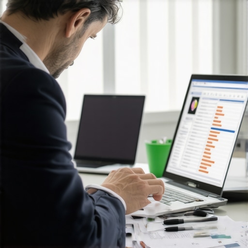 Lawyer using legal software and documents in an office setting.