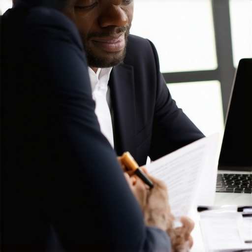 Lawyer and client reviewing legal documents and planning strategies in an office setting