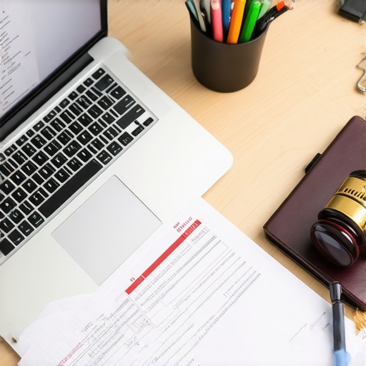 Workspace with legal software and documents for case management.