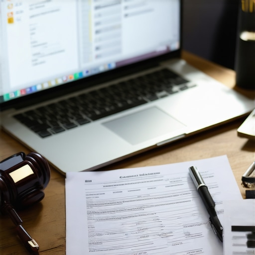 A workspace with a laptop, tablet, and smartphone showing legal tools and documents, symbolizing efficient legal case management.