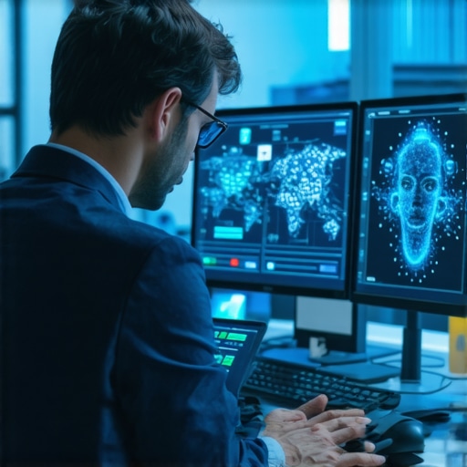 Lawyer using forensic software to analyze digital evidence for AI manipulation.