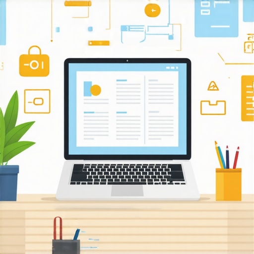 Efficient Family Law Practice Tools A workspace with laptop, digital tools, and cloud storage icons representing legal practice management