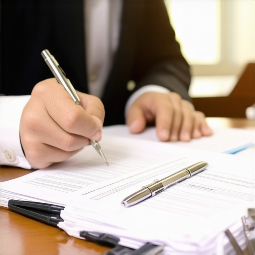 Lawyer discussing case strategy with client surrounded by legal documents.