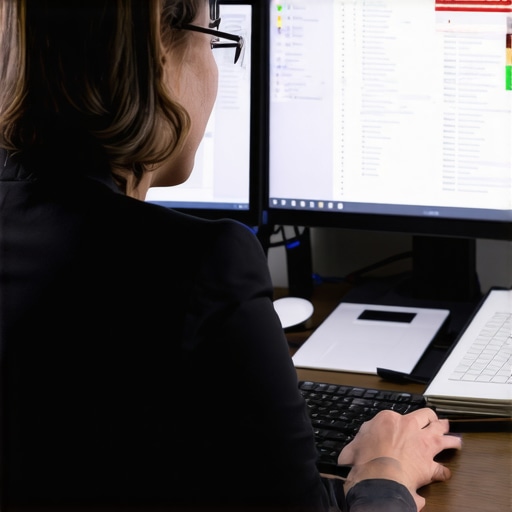 Lawyer working on dual monitors with legal documents and software in a contemporary office setting.