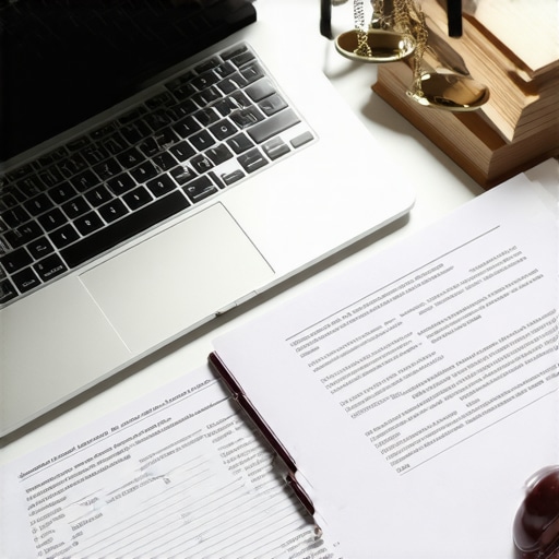 An attorney's desk showcasing a laptop, legal documents, and software interfaces for case management.
