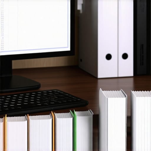 Optimized Legal Practice Workspace A tidy office workspace with legal documents and a computer screen showing case management tools.