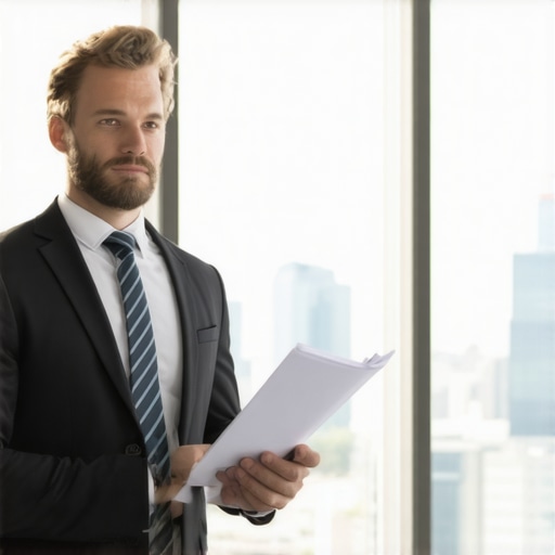 A lawyer discussing case strategy with a client in an office.