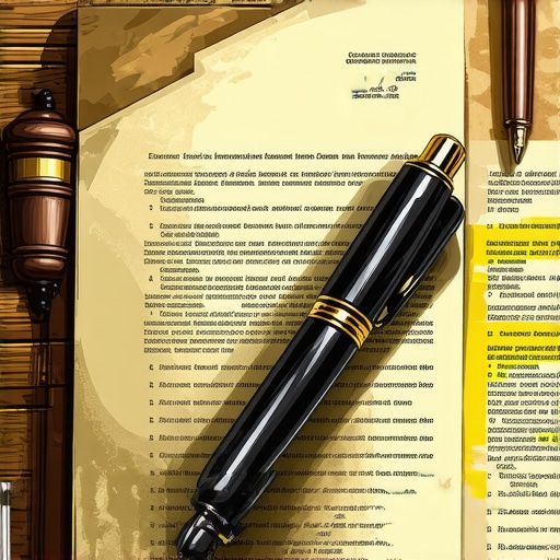 A detailed legal contract with emphasis on various clauses and a writing pen