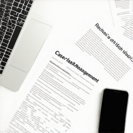 Attorney's desk demonstrating modern legal tech setup with documents, laptop, and smartphone.