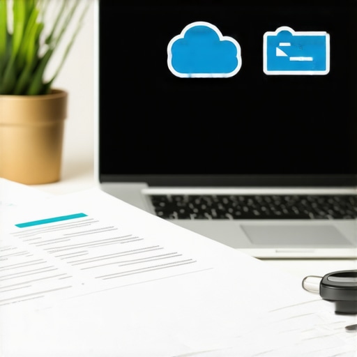 Workspace with Legal Tools for Case Management A desk setup with legal documents, a laptop showing Trello, and cloud icons signifying legal tools for case maintenance.